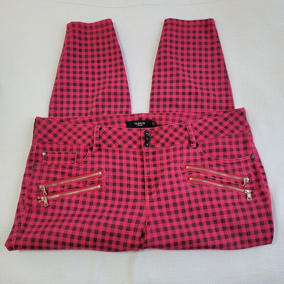 torrid Pants - TORRID Pink Black Check Multi Zip Skinny Jeans Size 26 Stretch Plus 00s Indie